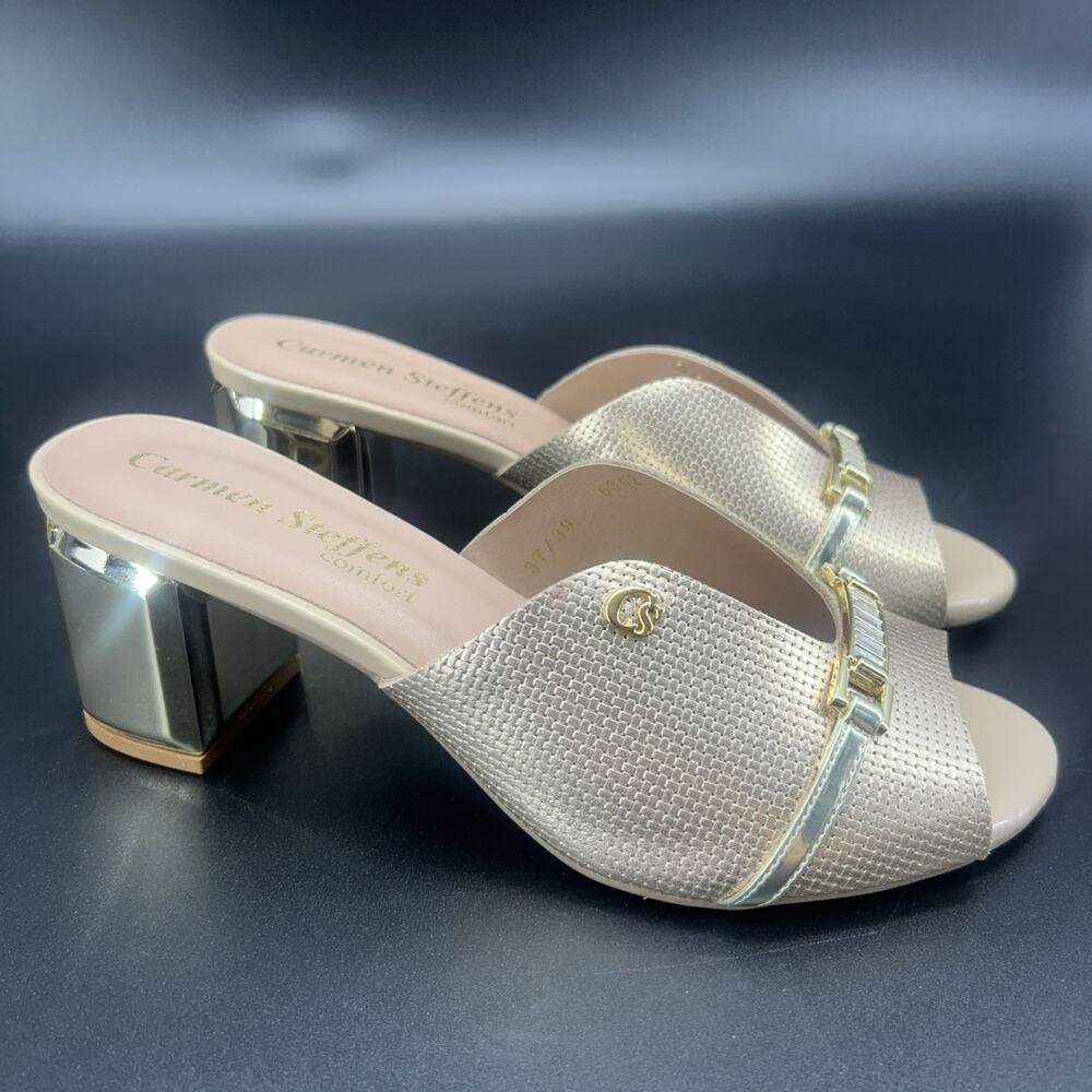 Carmen Steffens Comfort Womens 8 Gold Block Heel Open Toes Slip On BRA/EUR 37/39